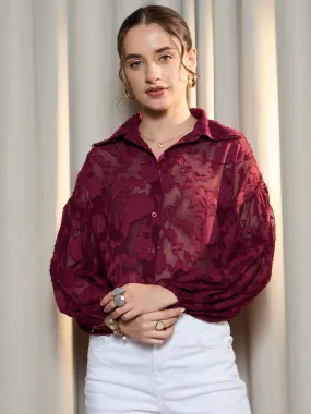 Berrylush Women Maroon Floral Printed Spread Collar Neck Bishop Sleeves Button-Up Regular Top