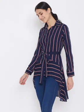 Berrylush Women Navy Blue & Red Striped Printed Collar Neck Waist Tie-Up Longline Shirt Top