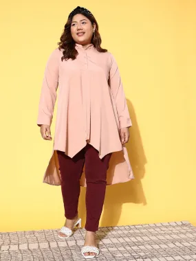 Berrylush Women Plus Size Solid Pink Mandarin Collar Neck Cuffed Sleeves High-Low Hem Longline Top