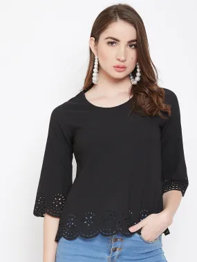 Berrylush Women Solid Black Round Neck Short Sleeves Polyester Laser-Cut Regular Top