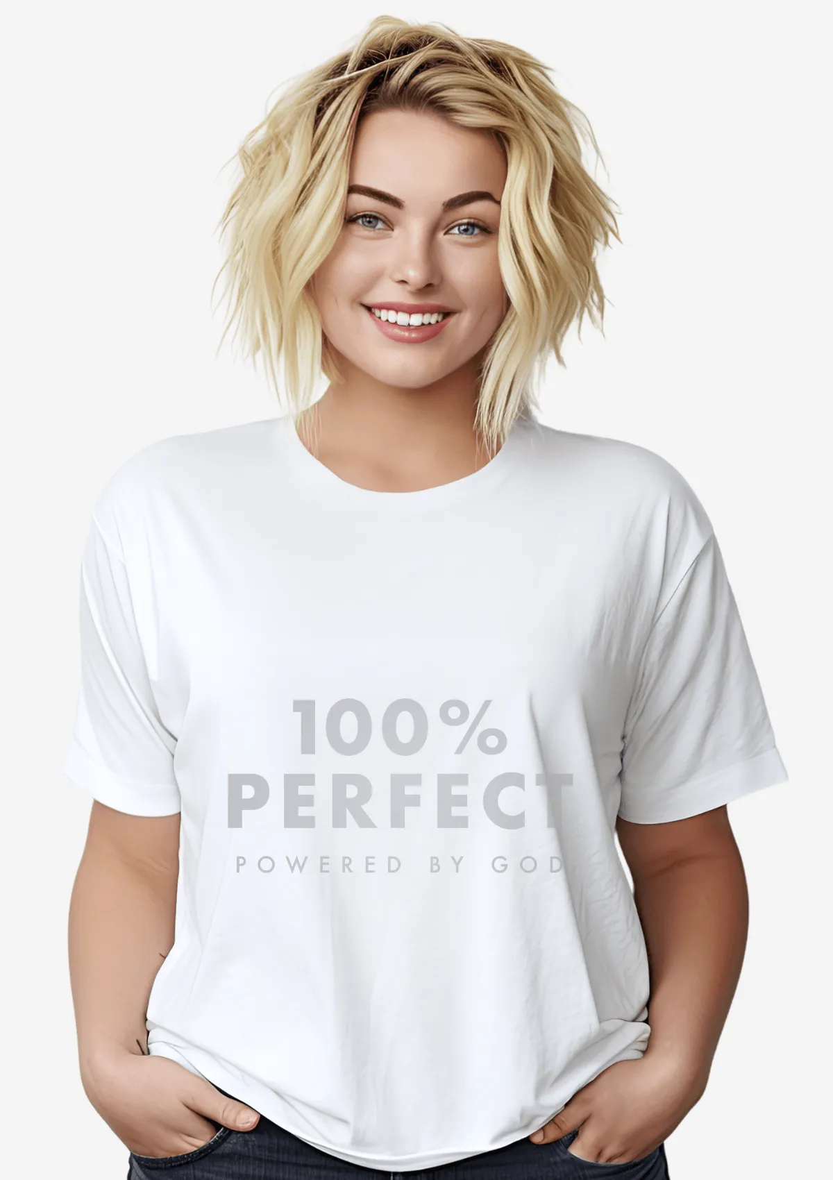 100% Perfect - Powered by God Unisex White T-Shirt