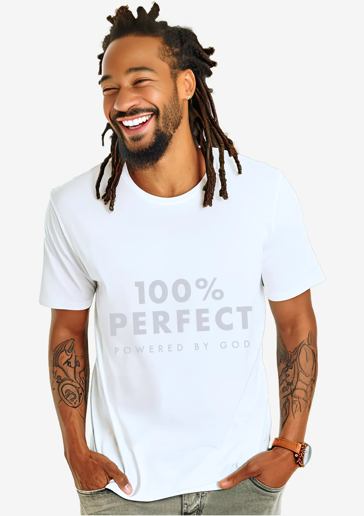 100% Perfect - Powered by God Unisex White T-Shirt