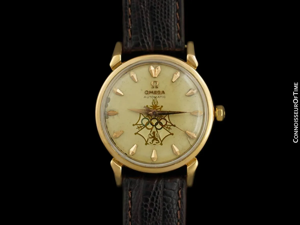 1956 Omega Seamaster Olympic XVI Mens Vintage 18K Rose Gold Watch - Very Rare Cross of Merit Dial