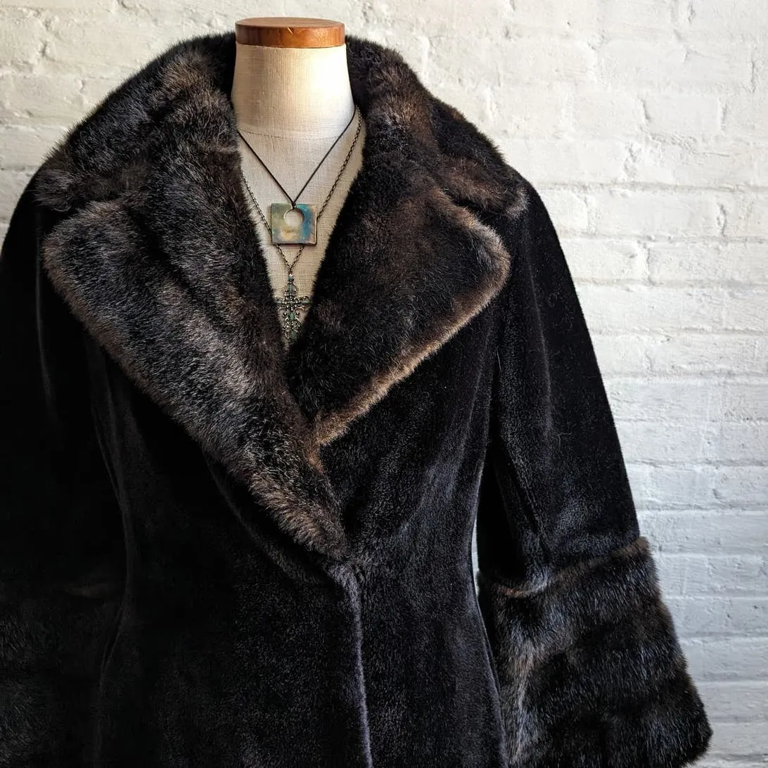 70s Vintage Vegan Velvet Fur Trench Coat Mob Wife Black Brown Penny Lane Jacket