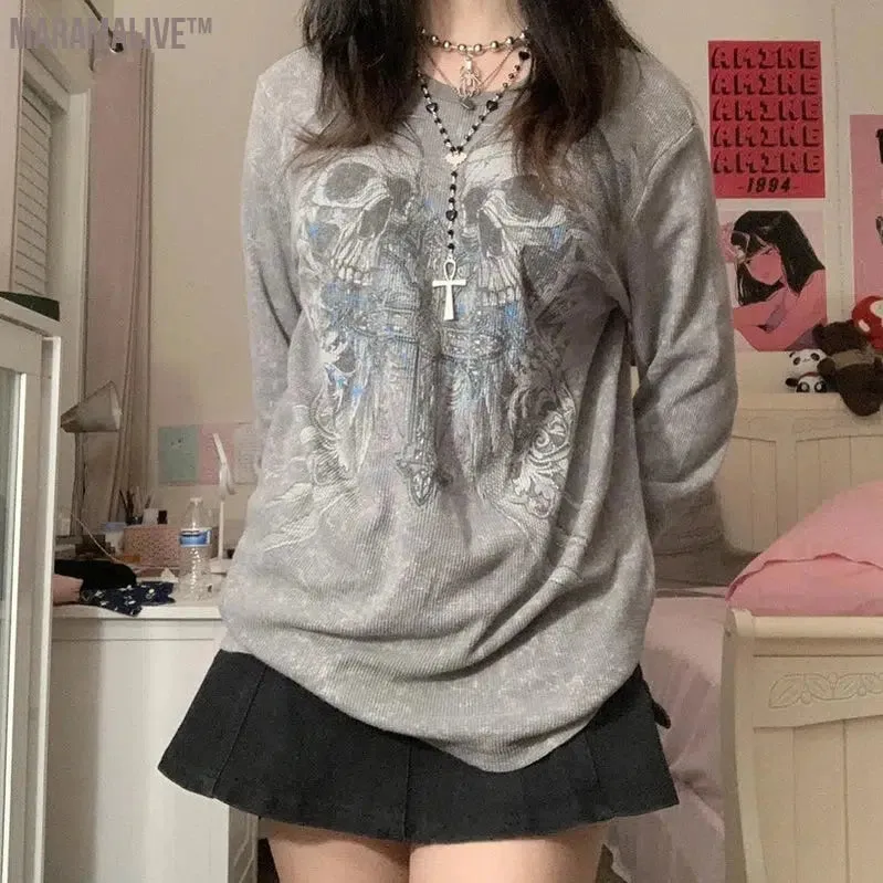 90s Vintage Graphic Print Oversized T-Shirt Y2K Aesthetic Retro Grunge Pullovers E-girl Gothic Mall Goth Emo Tees Clothes