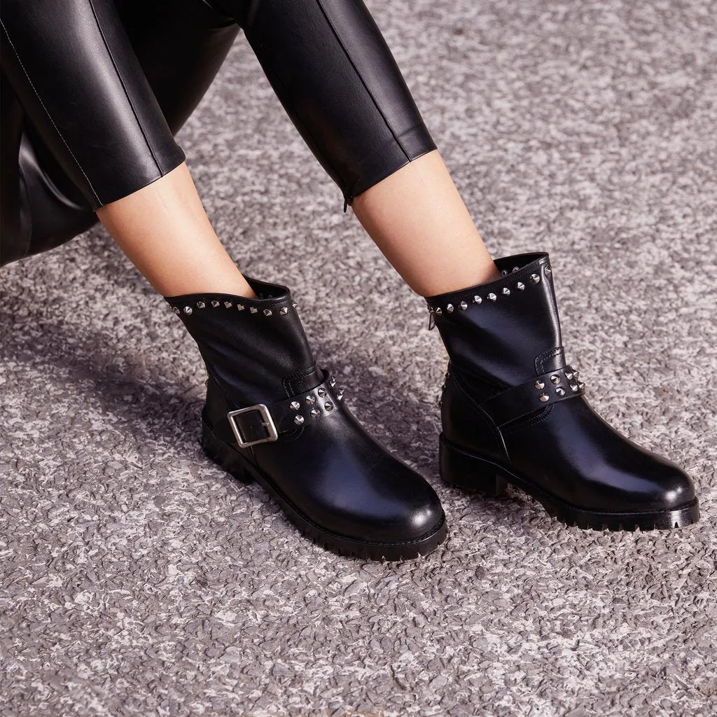 Adelina Metal Studded Black Leather Ankle Boots