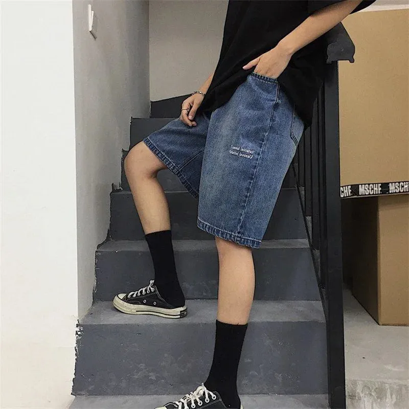 Advbridge  Women's Retro Minimalist Letter Print Design Wide Leg Blue Denim Shorts Unisex Style Capris Summer Female High Waist Loose Jeans