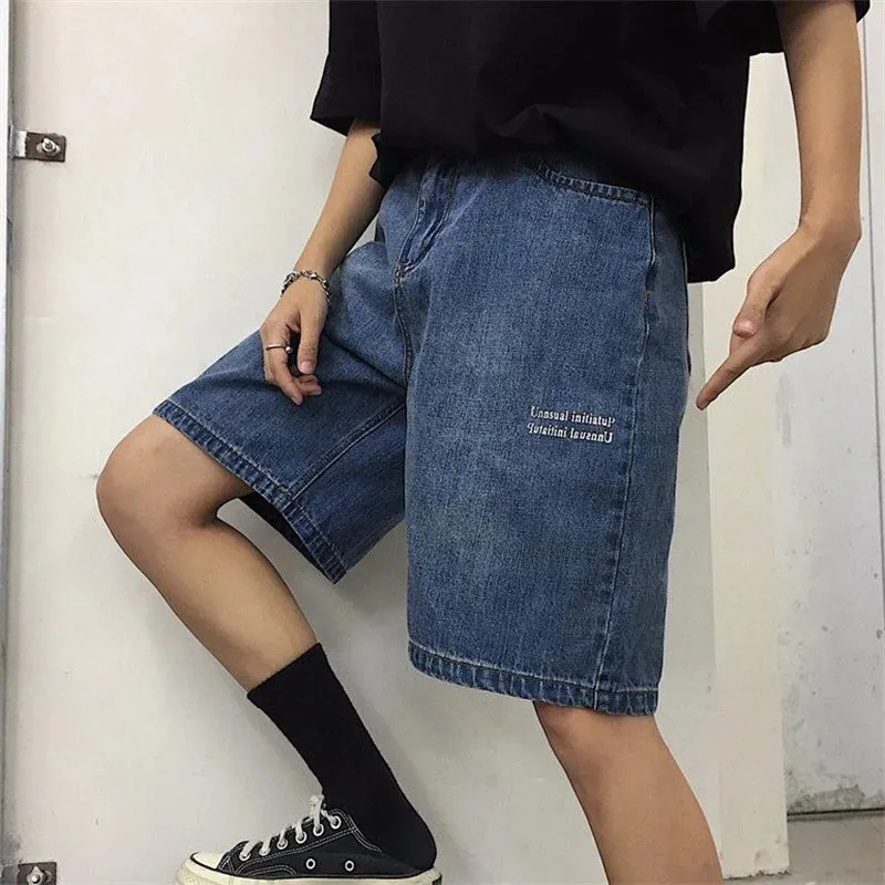 Advbridge  Women's Retro Minimalist Letter Print Design Wide Leg Blue Denim Shorts Unisex Style Capris Summer Female High Waist Loose Jeans