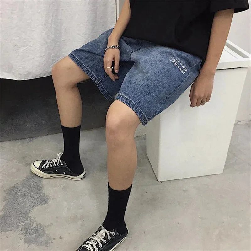 Advbridge  Women's Retro Minimalist Letter Print Design Wide Leg Blue Denim Shorts Unisex Style Capris Summer Female High Waist Loose Jeans