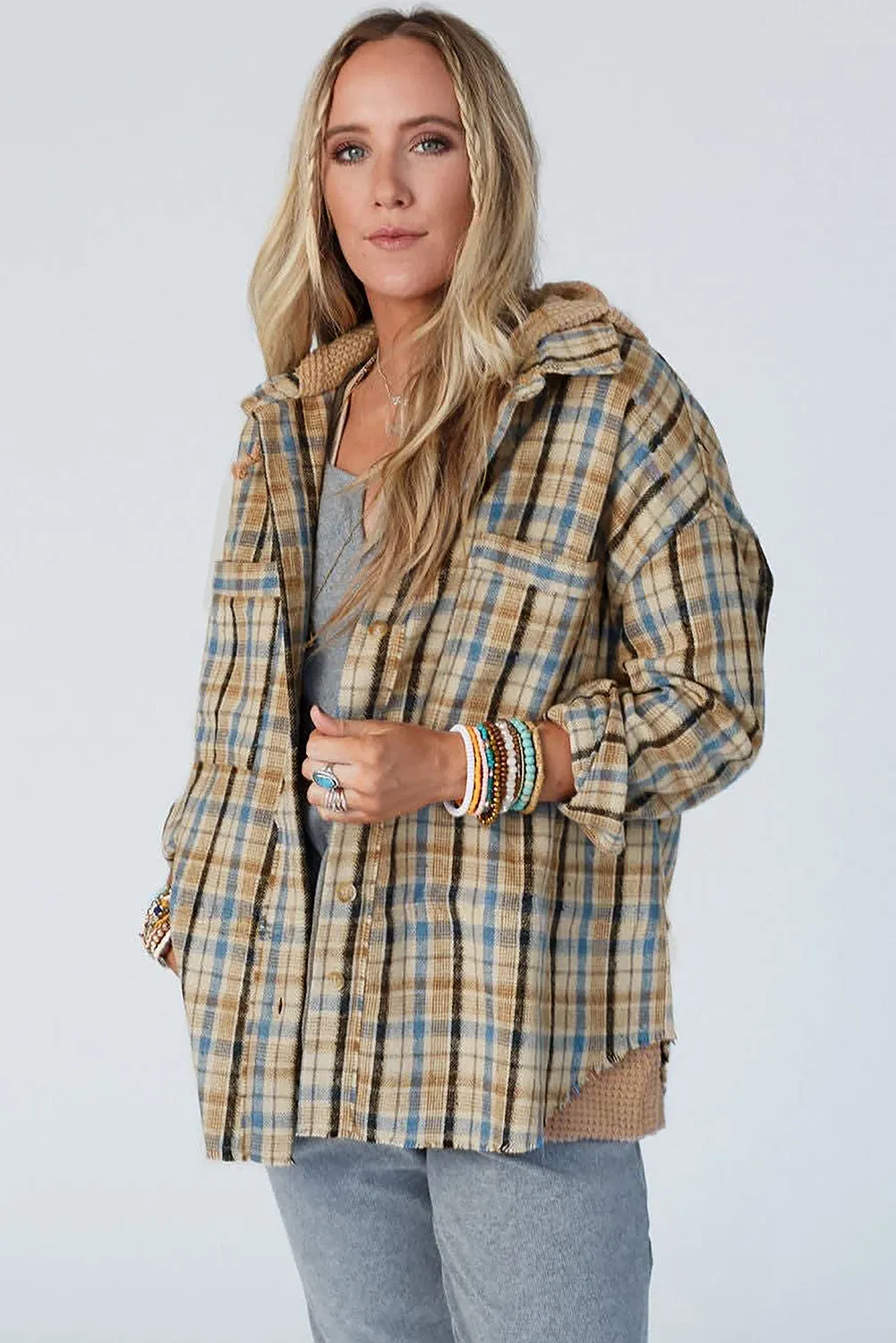 Ashleigh Blue Waffle Knit Patchwork Hooded Plaid Shacket