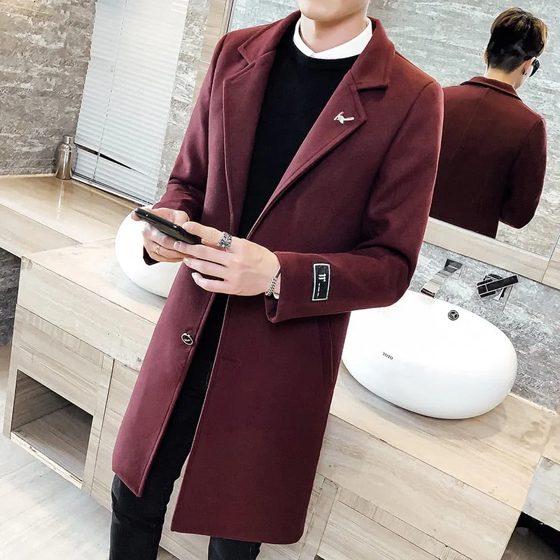 Autumn Winter Long Solid Color Windbreaker Coat 2021 New Men Woolen Coat s Plus Size 5XL Men&#39;s Slim Fashion Windbreaker Jacket