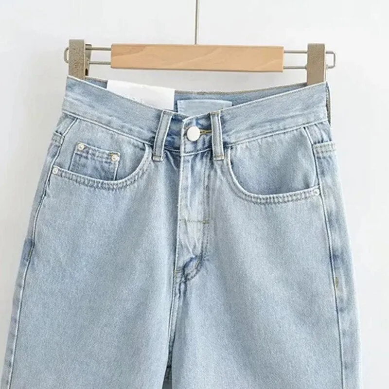 Basic High Waist and Knee Length Mom Jeans