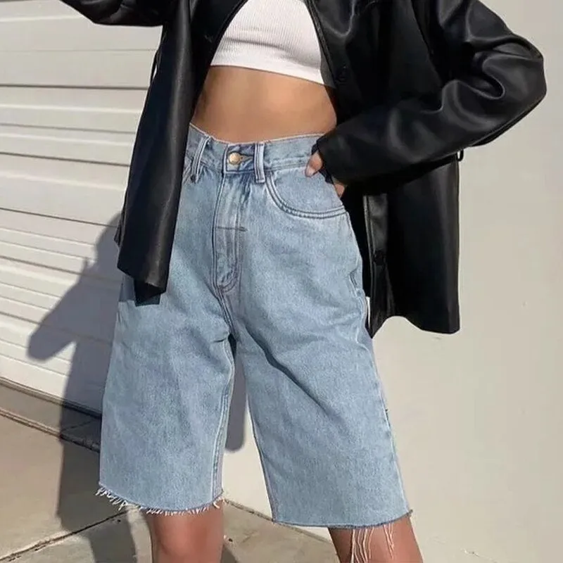 Basic High Waist and Knee Length Mom Jeans