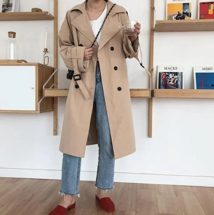 Beige Retro Double Breasted Long Trench Coat