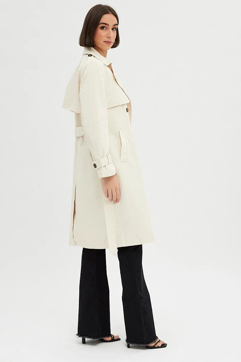 Beige Trench Coat Long Sleeves Cotton