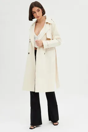 Beige Trench Coat Long Sleeves Cotton