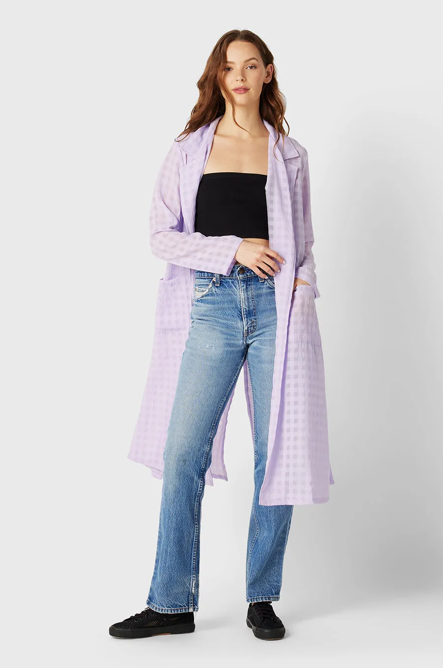 BELTED COAT IN LILAC GINGHAM