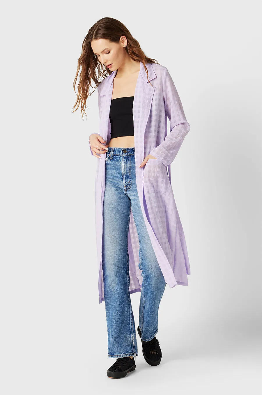 BELTED COAT IN LILAC GINGHAM