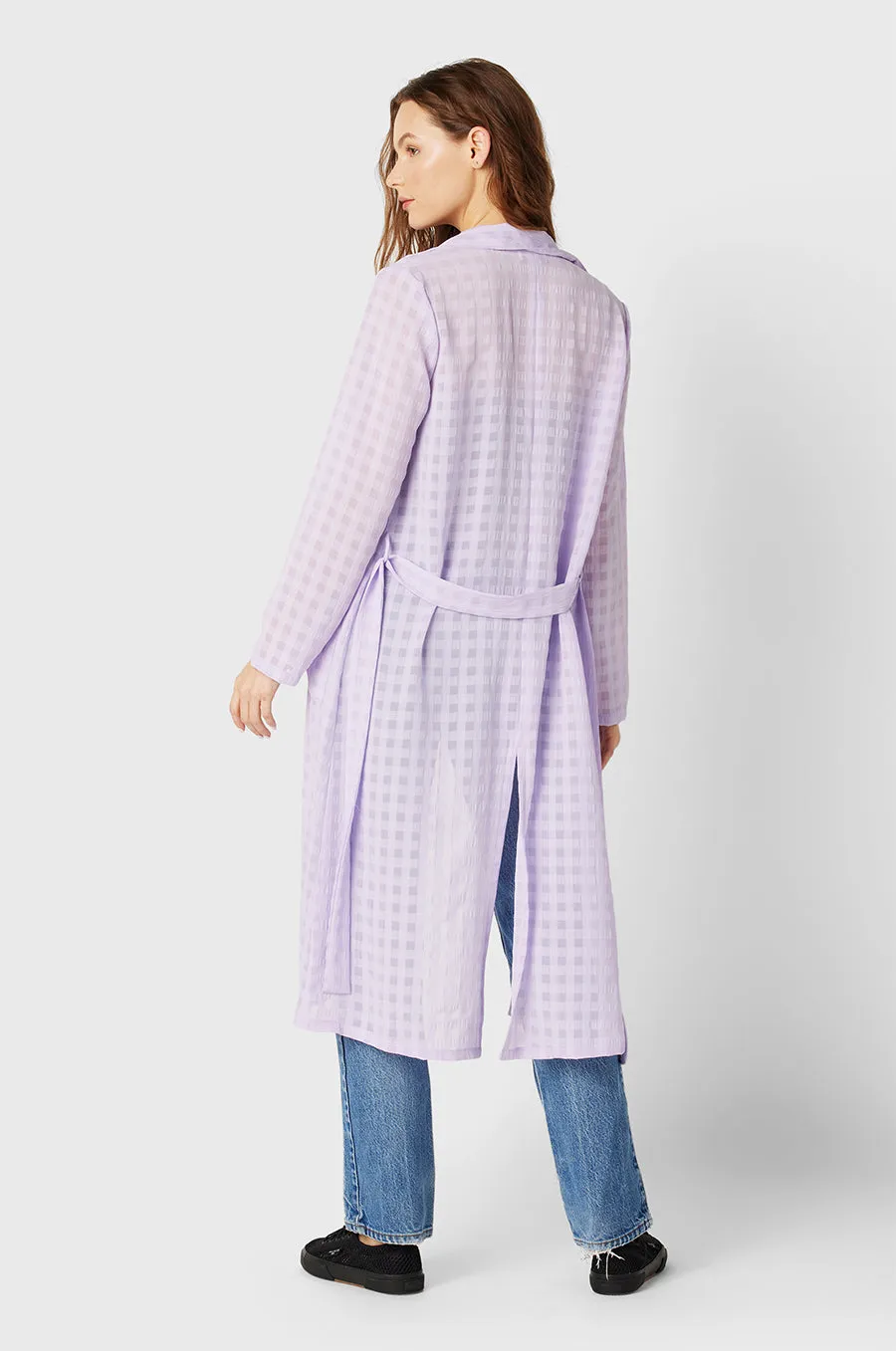 BELTED COAT IN LILAC GINGHAM