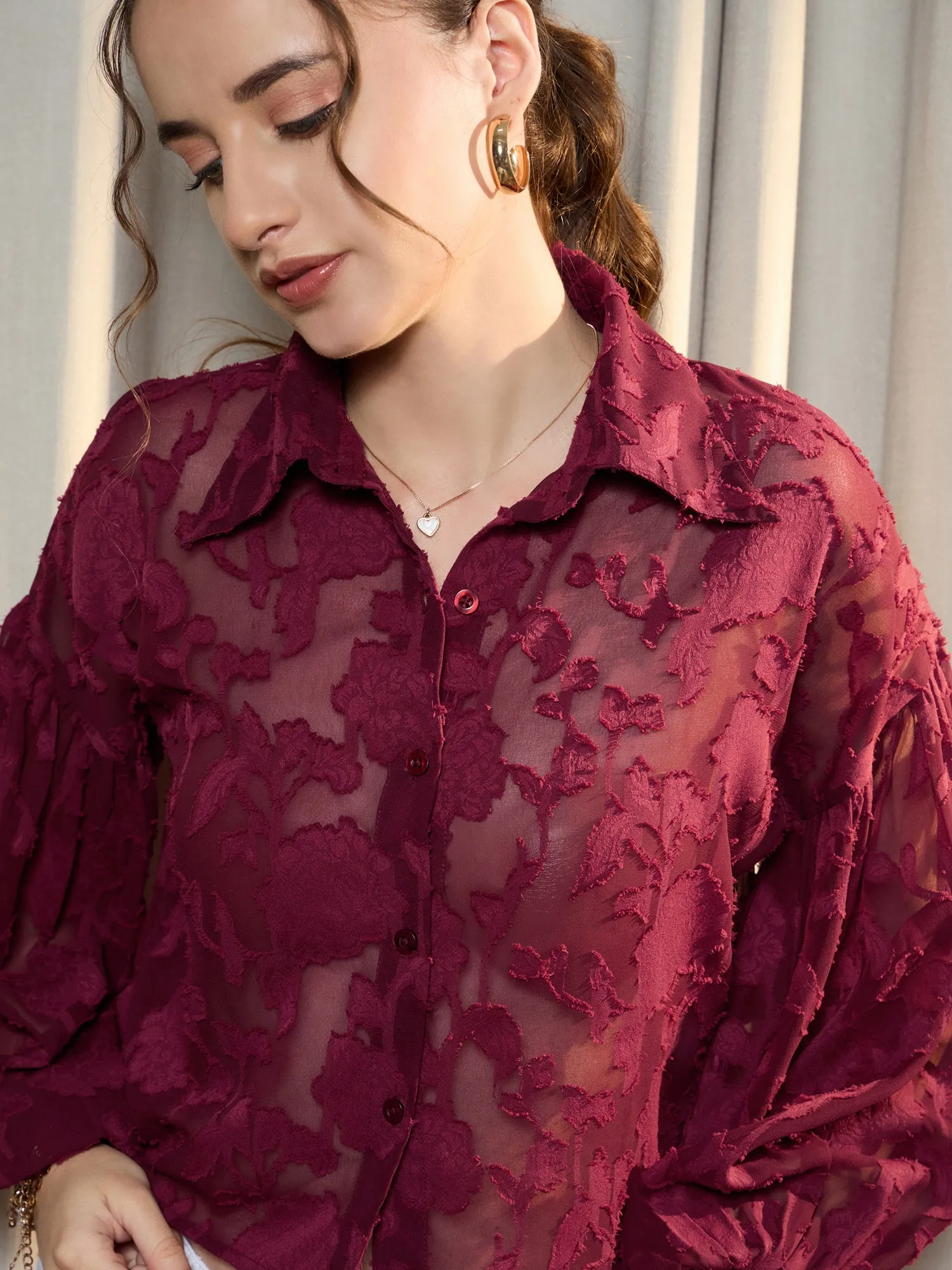 Berrylush Women Maroon Floral Printed Spread Collar Neck Bishop Sleeves Button-Up Regular Top