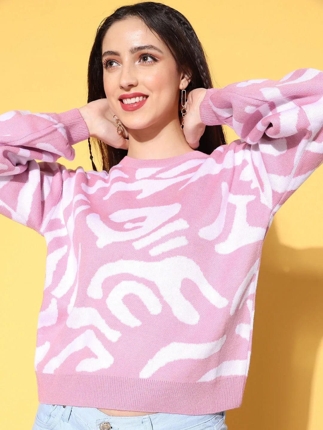 Berrylush Women Pink & White Abstract Printed Round Neck Acrylic Ribbed Hem Regular Pullover