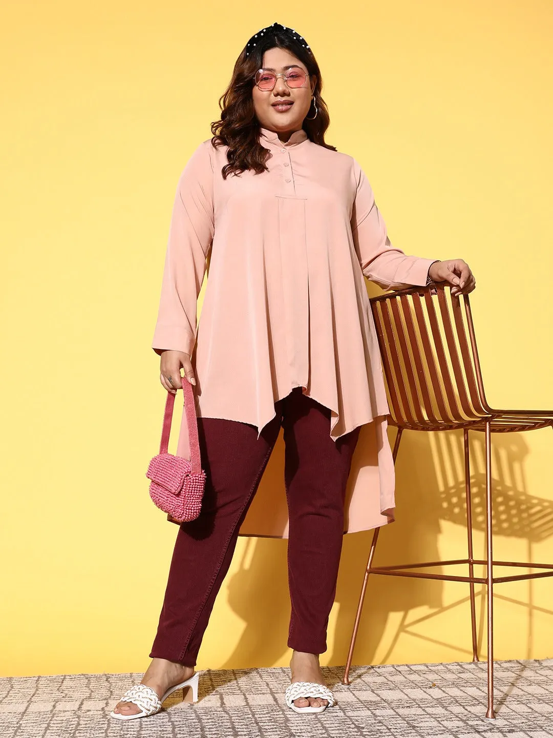 Berrylush Women Plus Size Solid Pink Mandarin Collar Neck Cuffed Sleeves High-Low Hem Longline Top