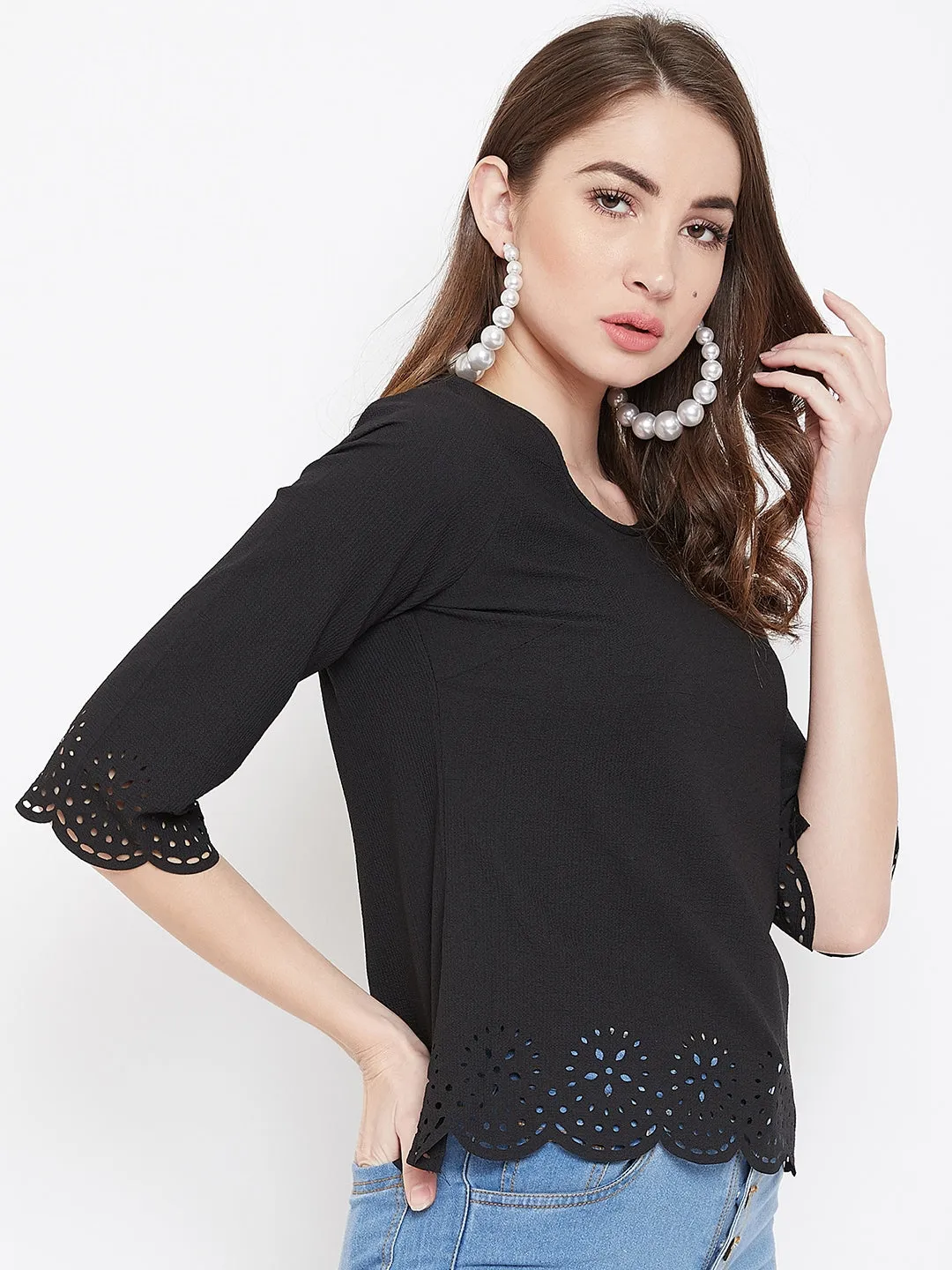 Berrylush Women Solid Black Round Neck Short Sleeves Polyester Laser-Cut Regular Top