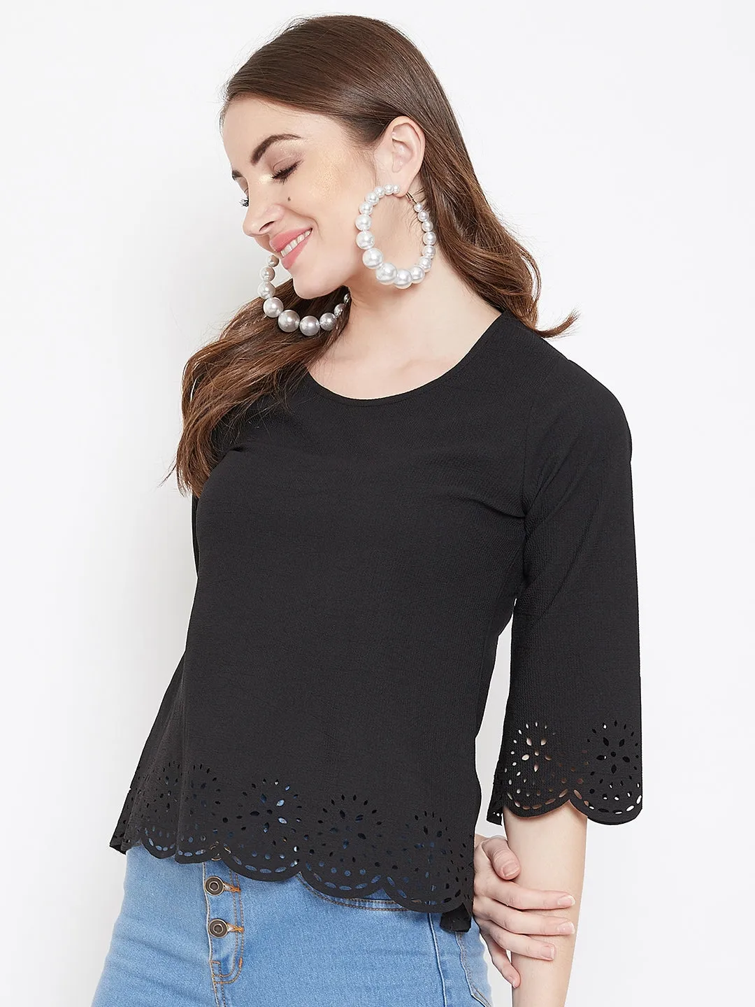 Berrylush Women Solid Black Round Neck Short Sleeves Polyester Laser-Cut Regular Top