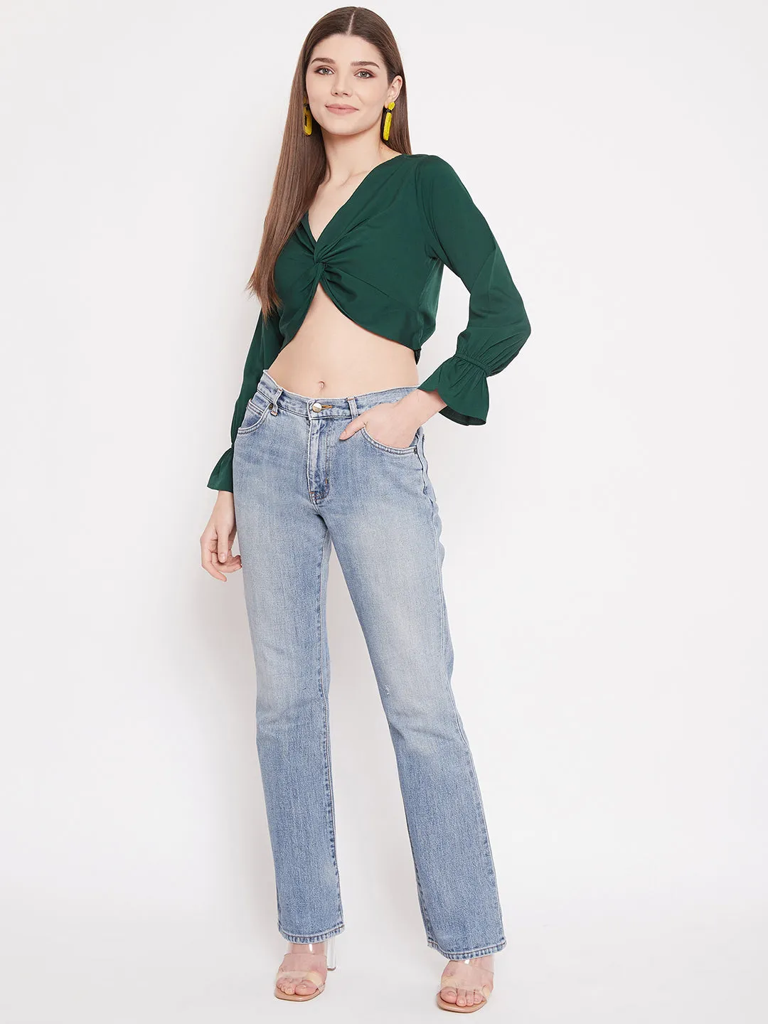 Berrylush Women Solid Green V-Neck Front Twisted Crop Top