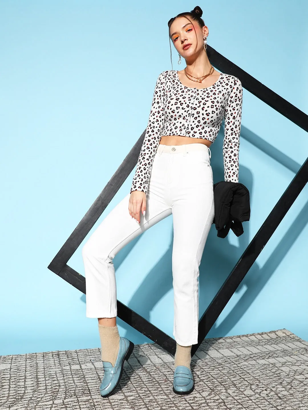 Berrylush Women White & Black Animal Printed Round Neck Button-Up Cotton Knitted Crop T-Shirt