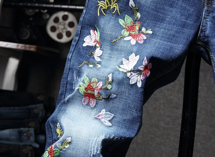 Bird Simple Embroidery Blue Denim Men Jeans