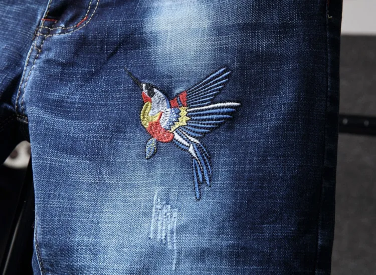 Bird Simple Embroidery Blue Denim Men Jeans