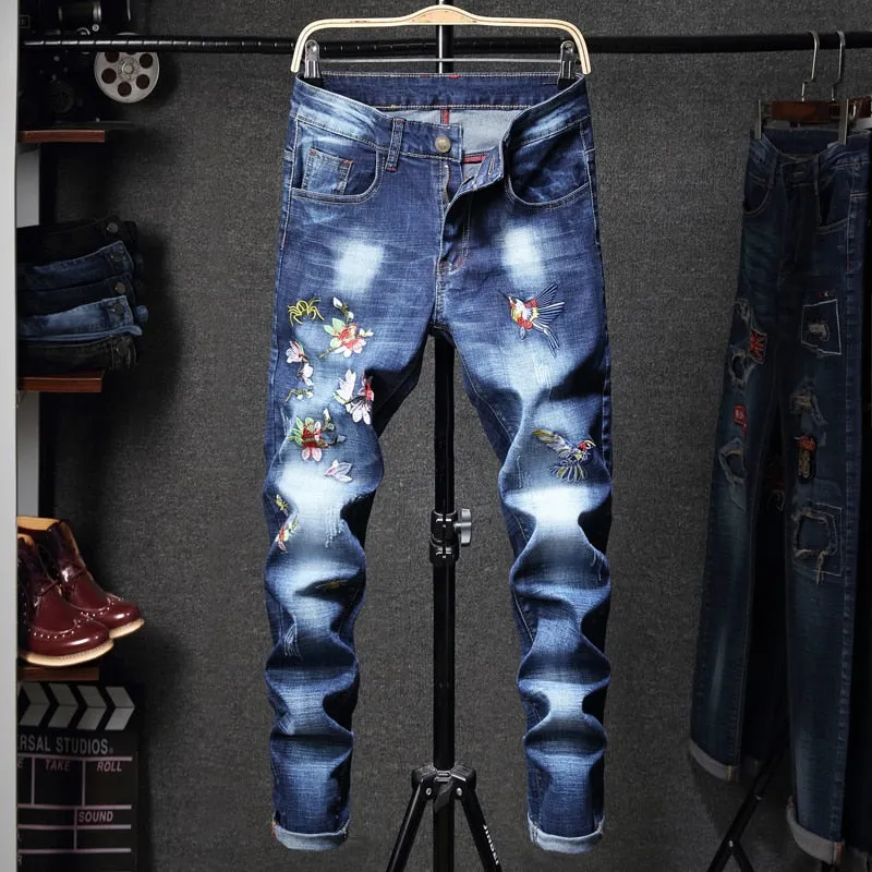 Bird Simple Embroidery Blue Denim Men Jeans