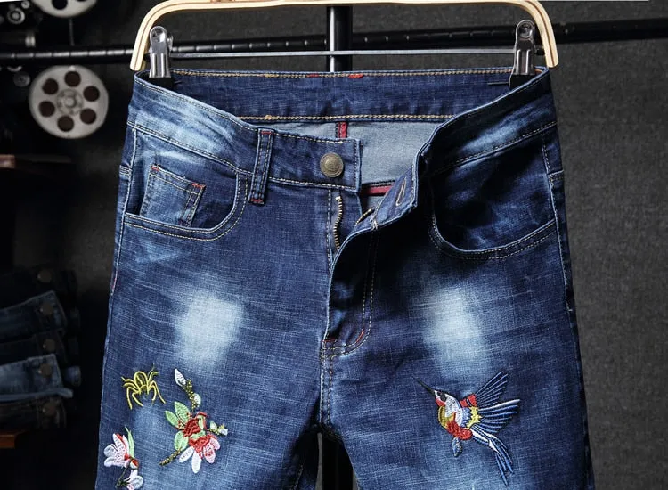 Bird Simple Embroidery Blue Denim Men Jeans