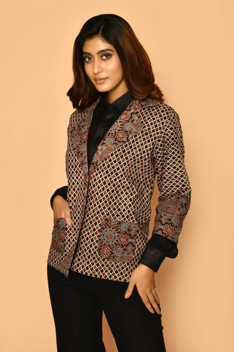 Black Ajharak Coat Cotton Jacket for Women