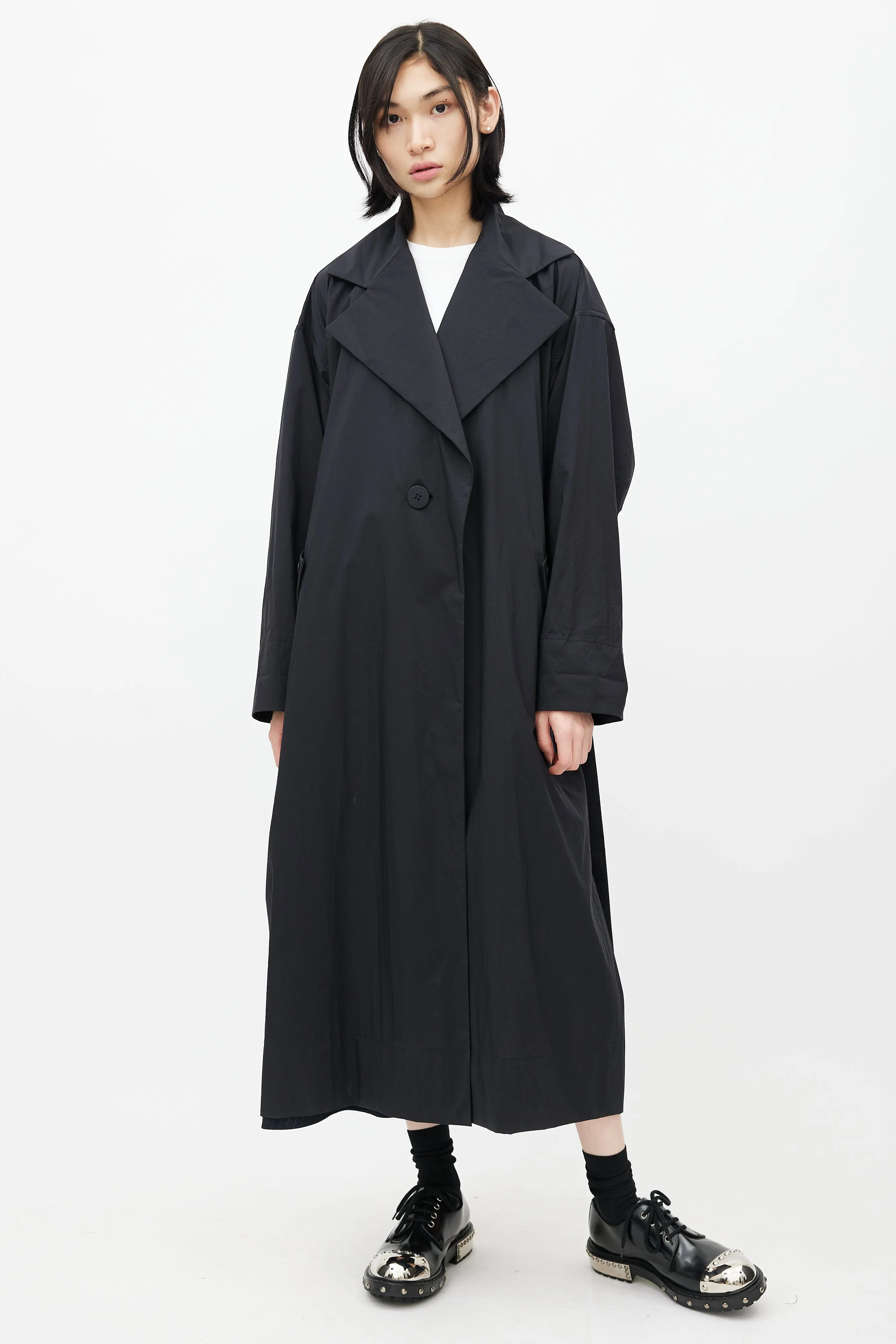 Black Nylon Trench Belted Coat