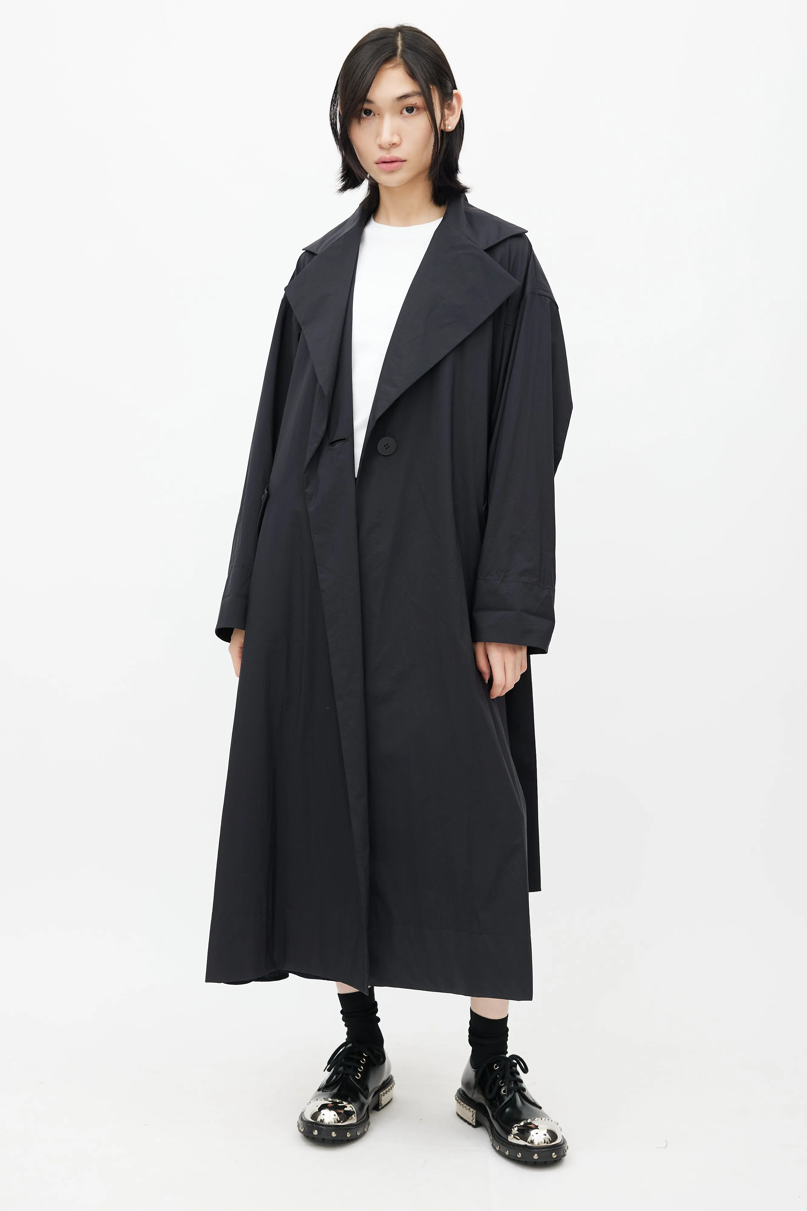 Black Nylon Trench Belted Coat