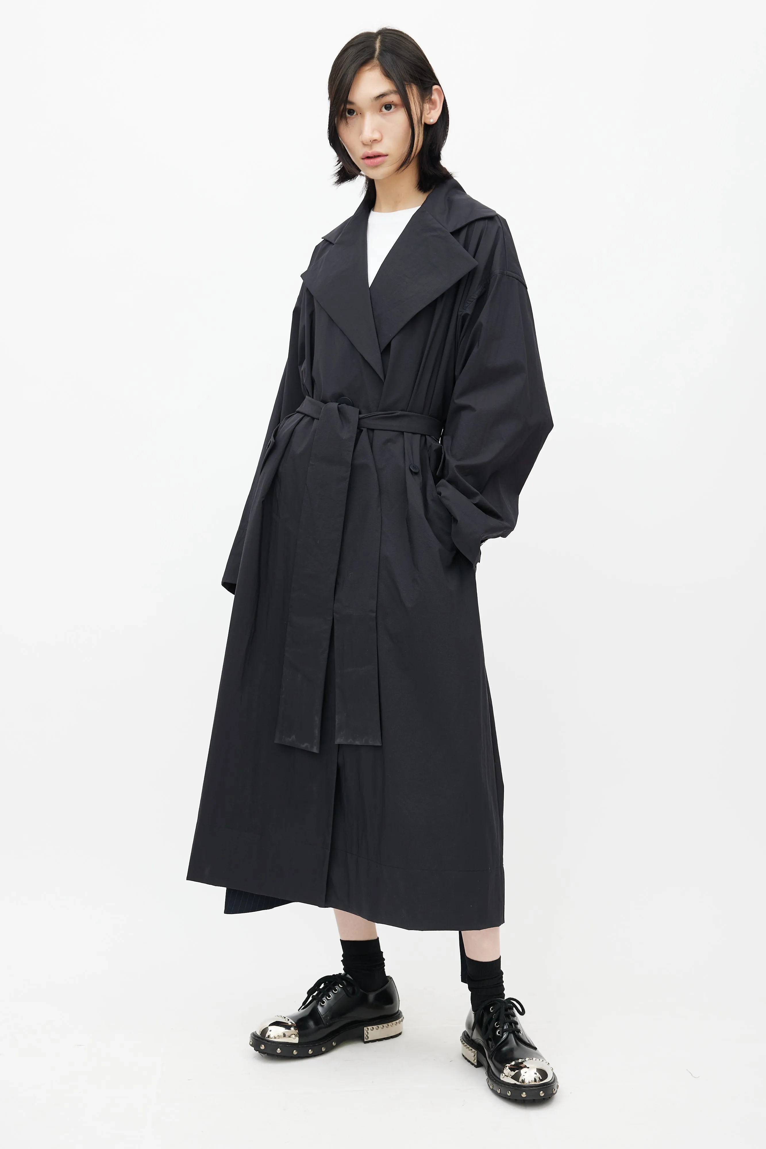 Black Nylon Trench Belted Coat