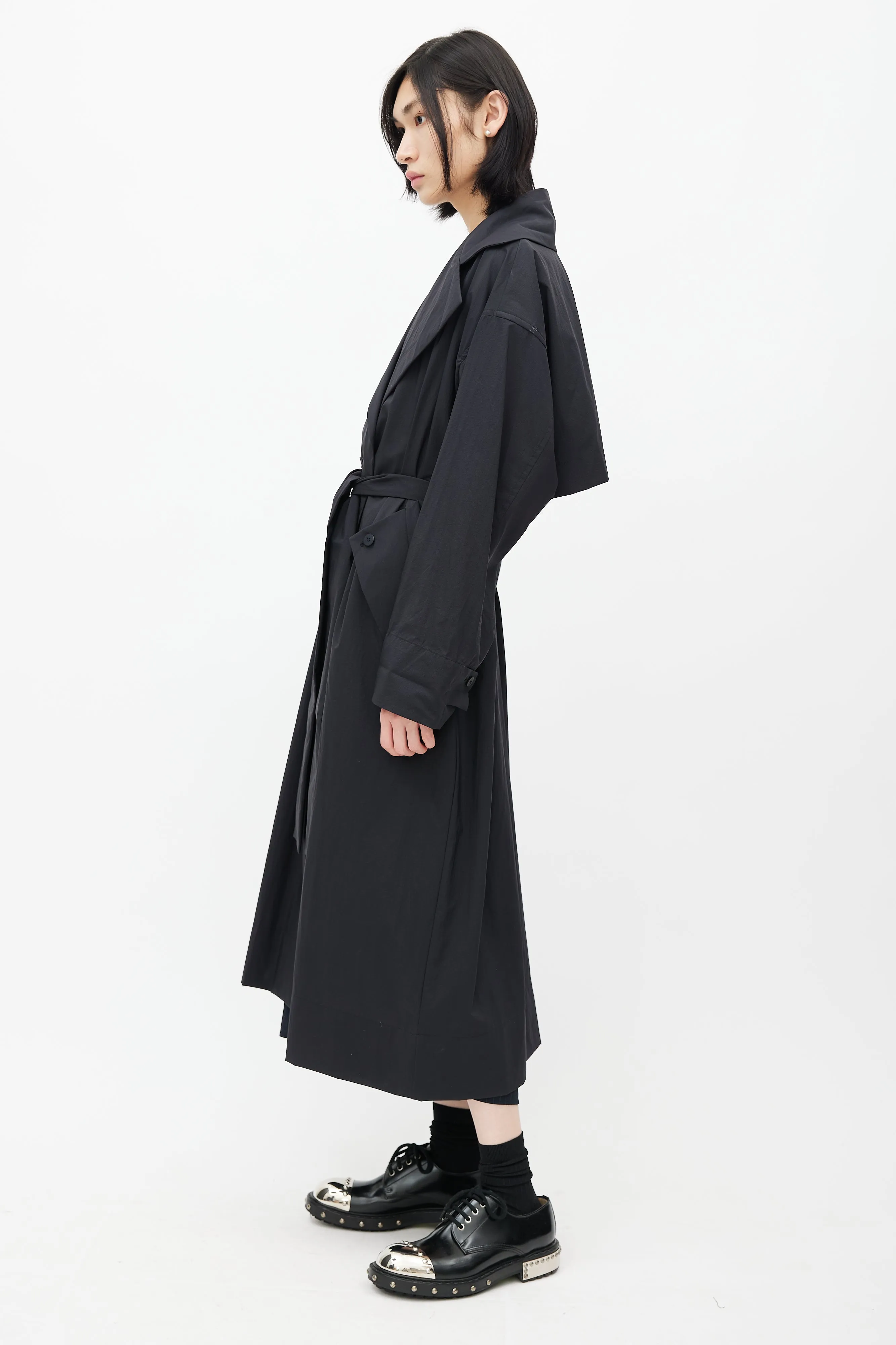 Black Nylon Trench Belted Coat