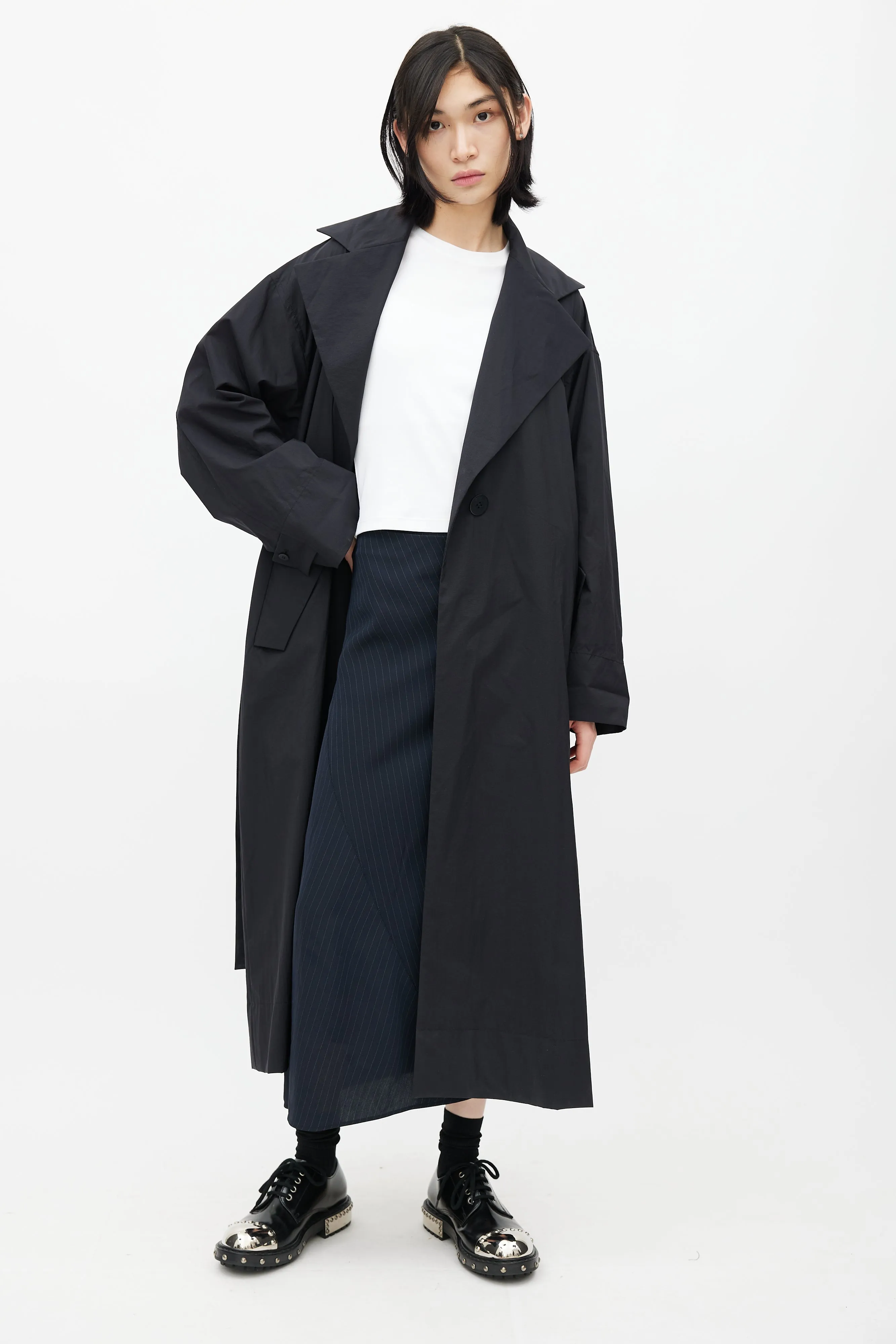 Black Nylon Trench Belted Coat