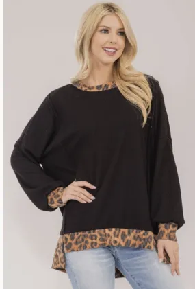 Black Oversized Pullover w/Leopard Trim - #7620-7626