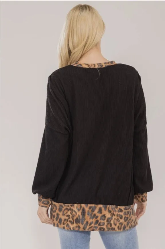 Black Oversized Pullover w/Leopard Trim - #7620-7626