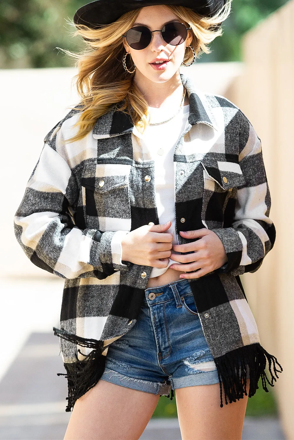 Black Plaid Snap Button Pocket Fringed Hem Shacket