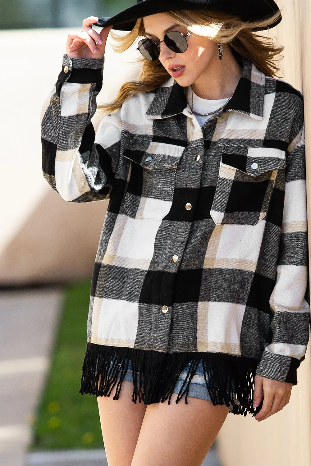 Black Plaid Snap Button Pocket Fringed Hem Shacket