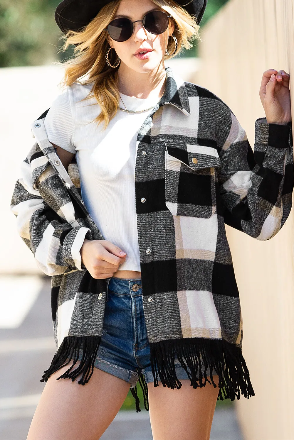 Black Plaid Snap Button Pocket Fringed Hem Shacket