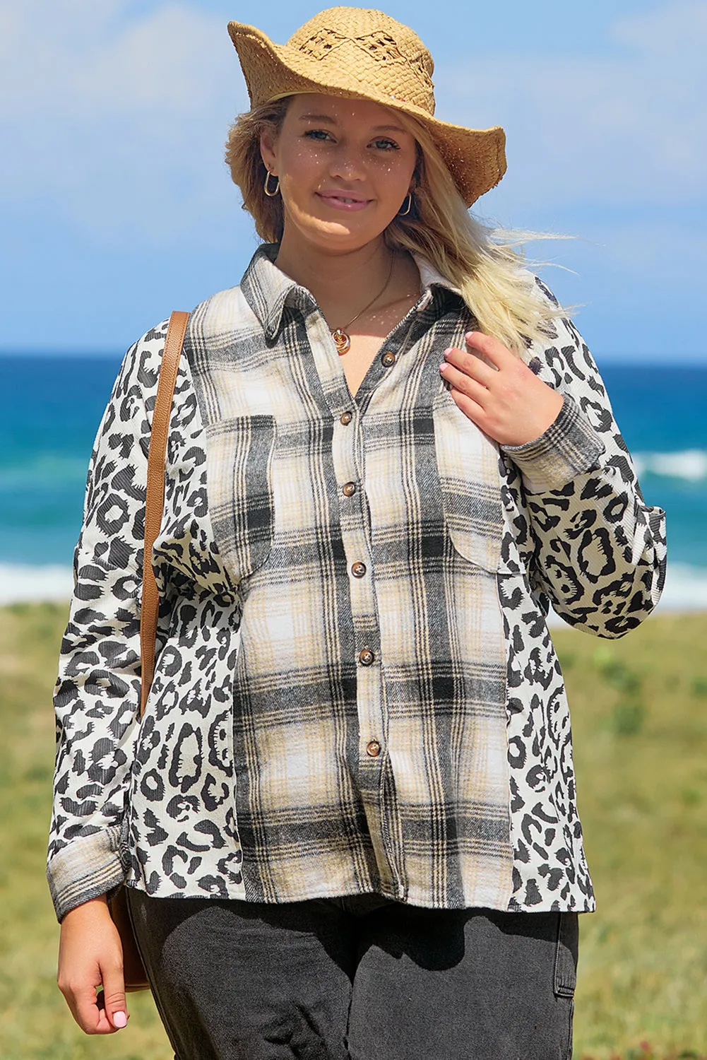 Black Plus Size Plaid Leopard Printed Patchwork Button Up Shacket