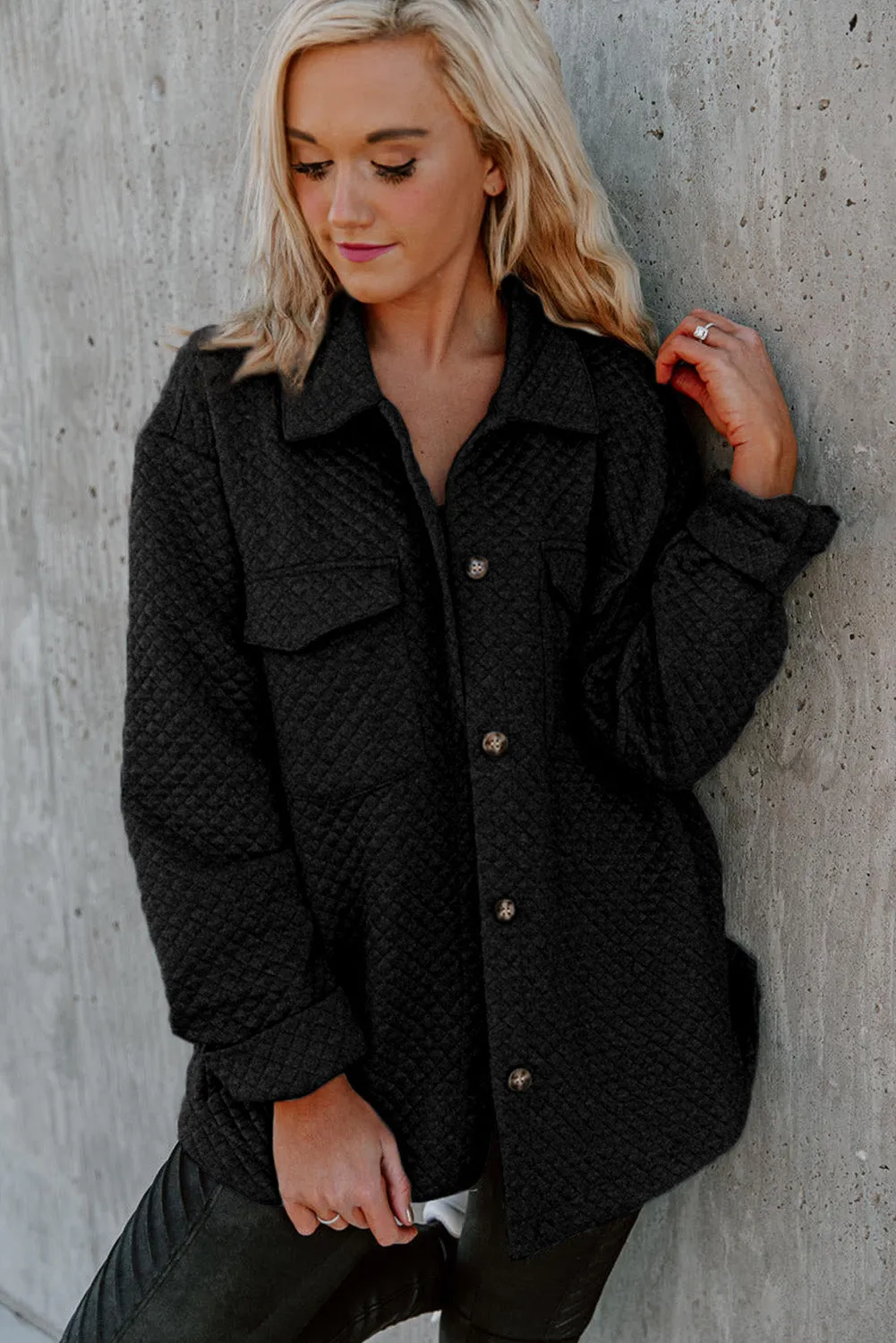 Black Retro Quilted Flap Pocket Button Shacket