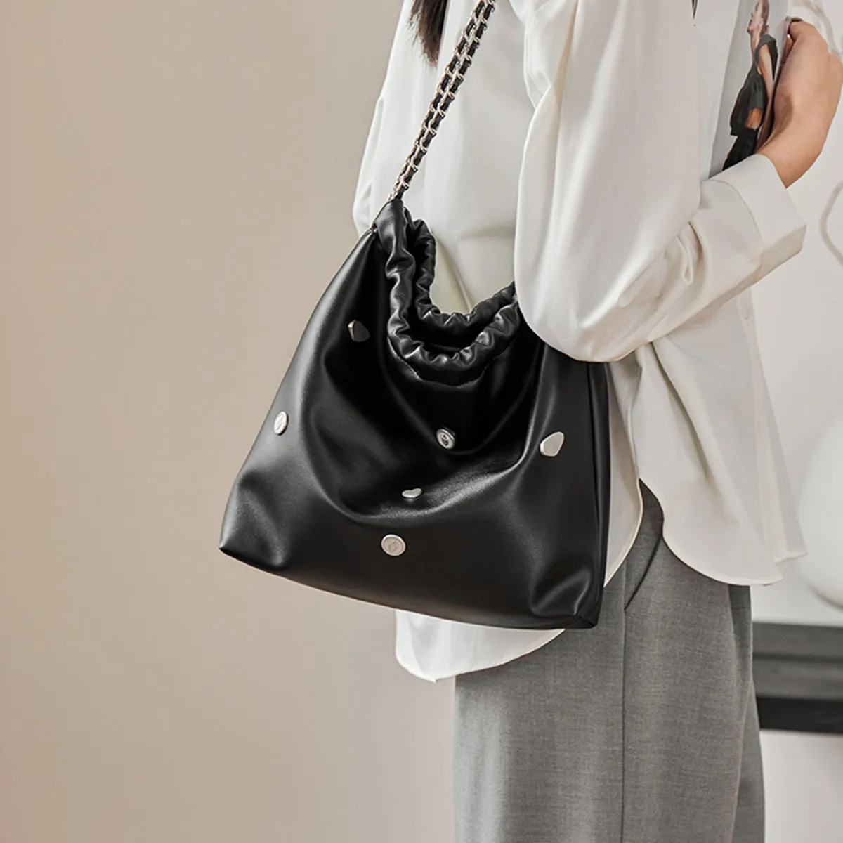 Black Rivet Studded Leather Tote Bag