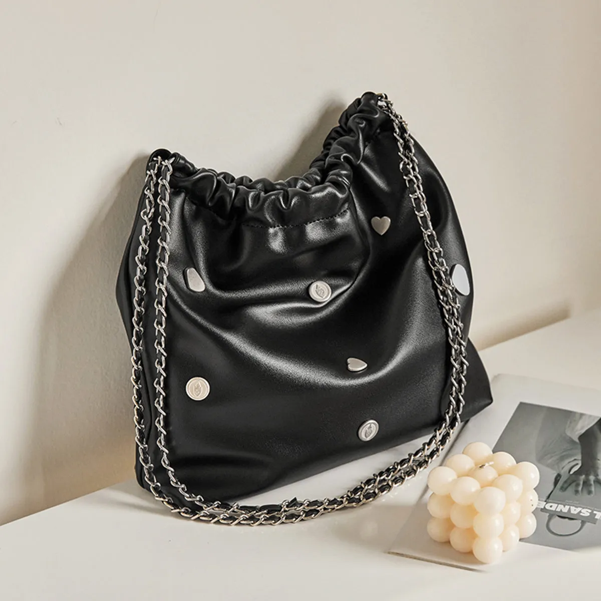 Black Rivet Studded Leather Tote Bag