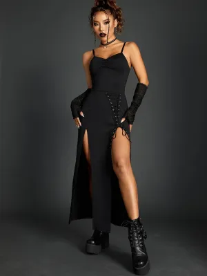 Bold Shade Sexy Ruched Club Slim Outfit Partywear Split Midi Gothic Backless Grunge Bandage High Punk Sling Outfit